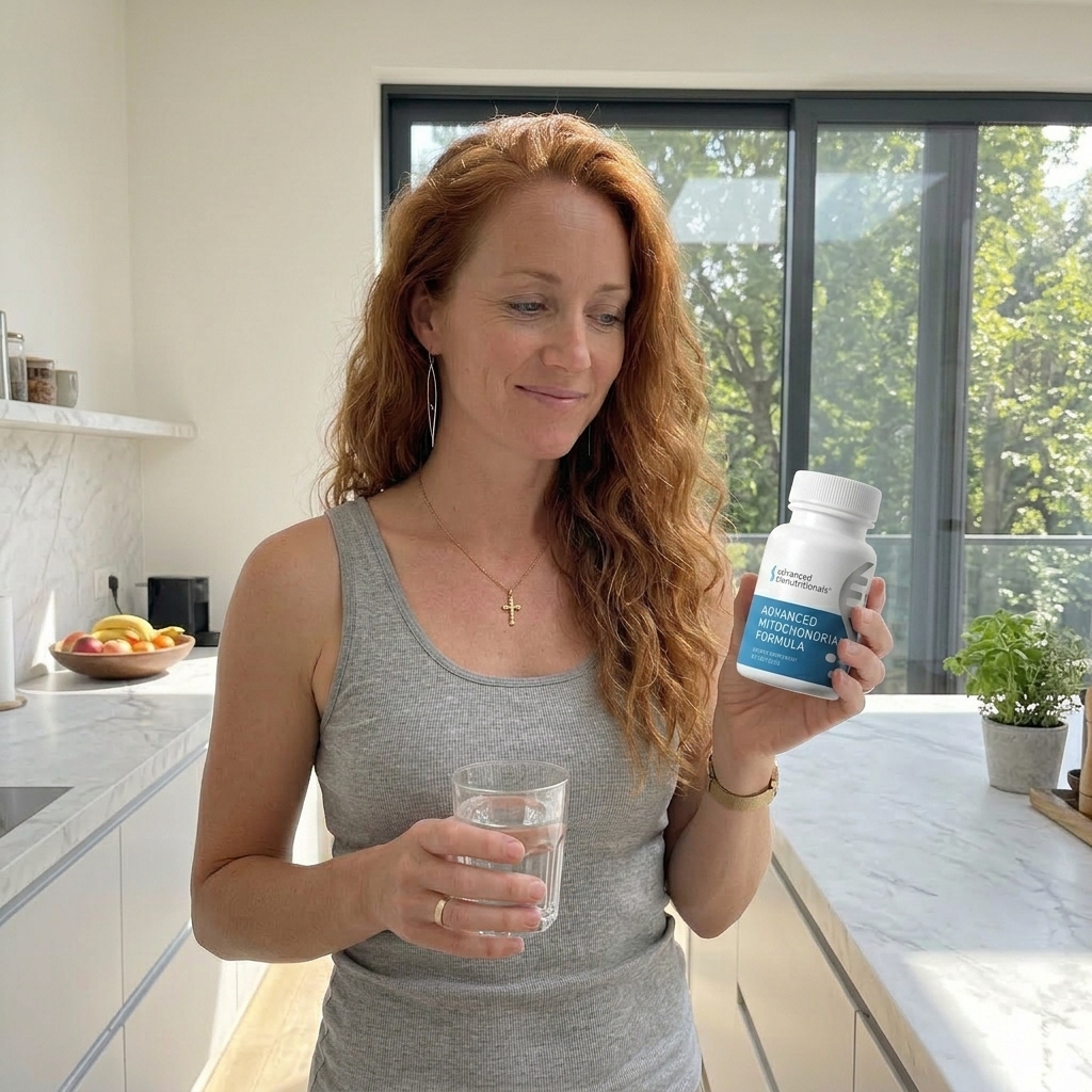 Deborah reviewing Advanced Mitochondrial Formula for cellular energy