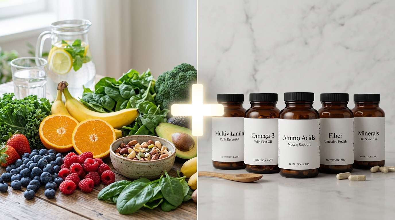 Split screen showing fresh foods and premium supplement bottles
