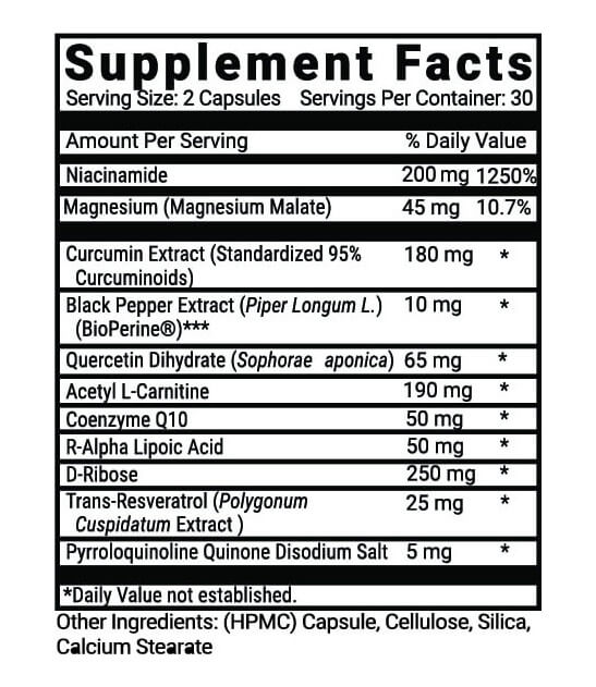 Advanced Mitochondrial Formula Supplement Facts label showing CoQ10, PQQ, and other nutrients